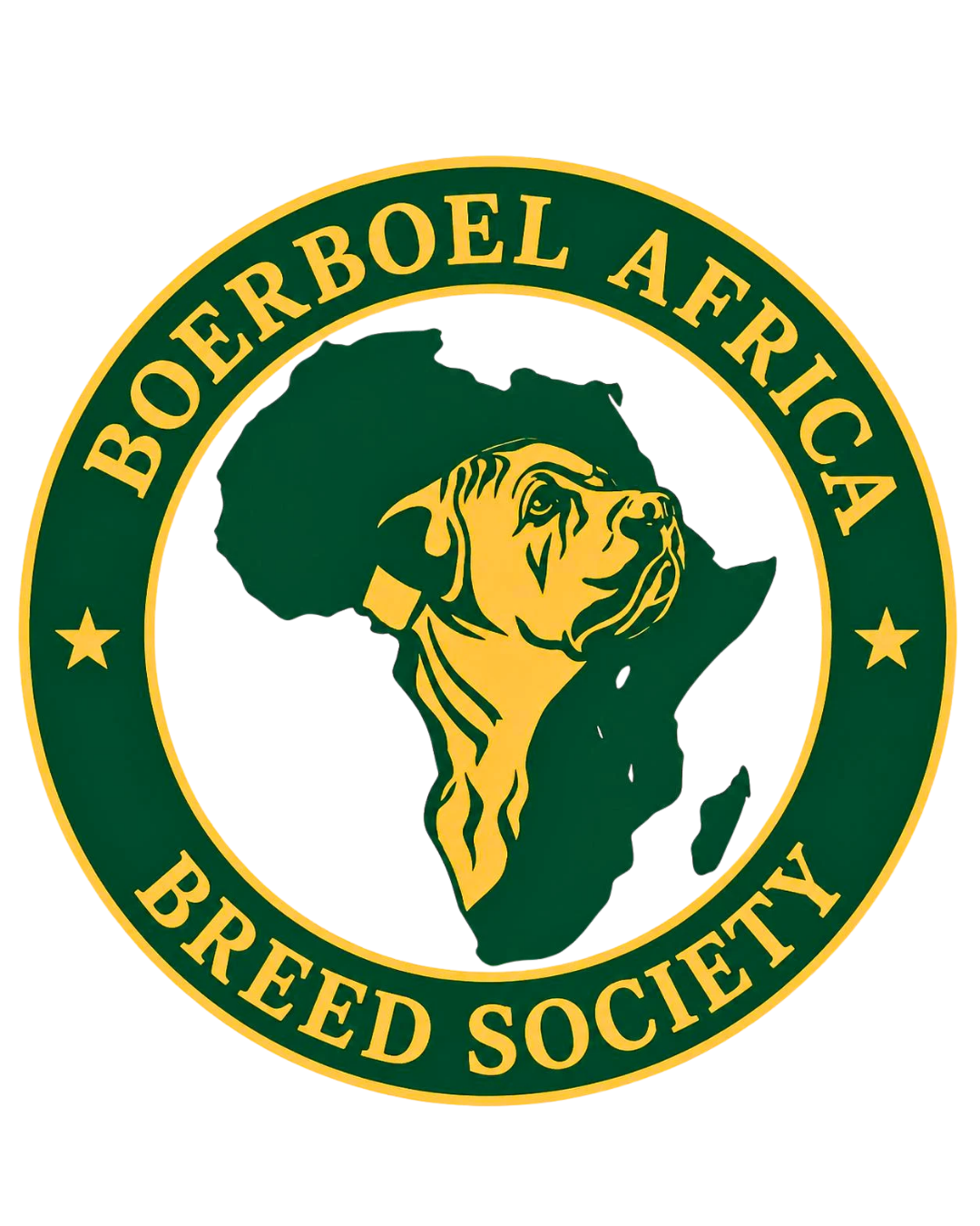 Pyöreä logo, jossa Afrikan kartta, koiran siluetti ja tekstit “Boelboel Africa” sekä “Society”.